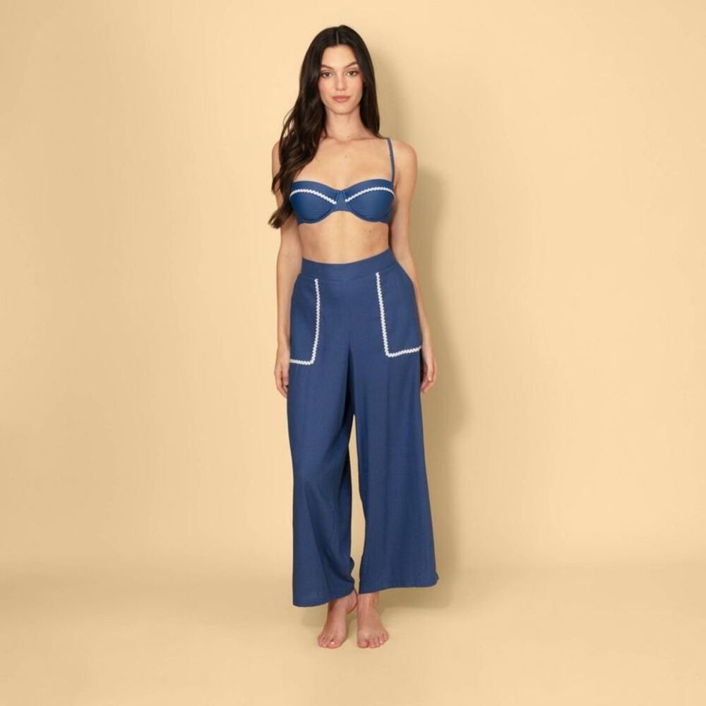 Women's High-Rise Rick-Rack Trim Linen Blend Pull-On Pants - Navy Blue XS